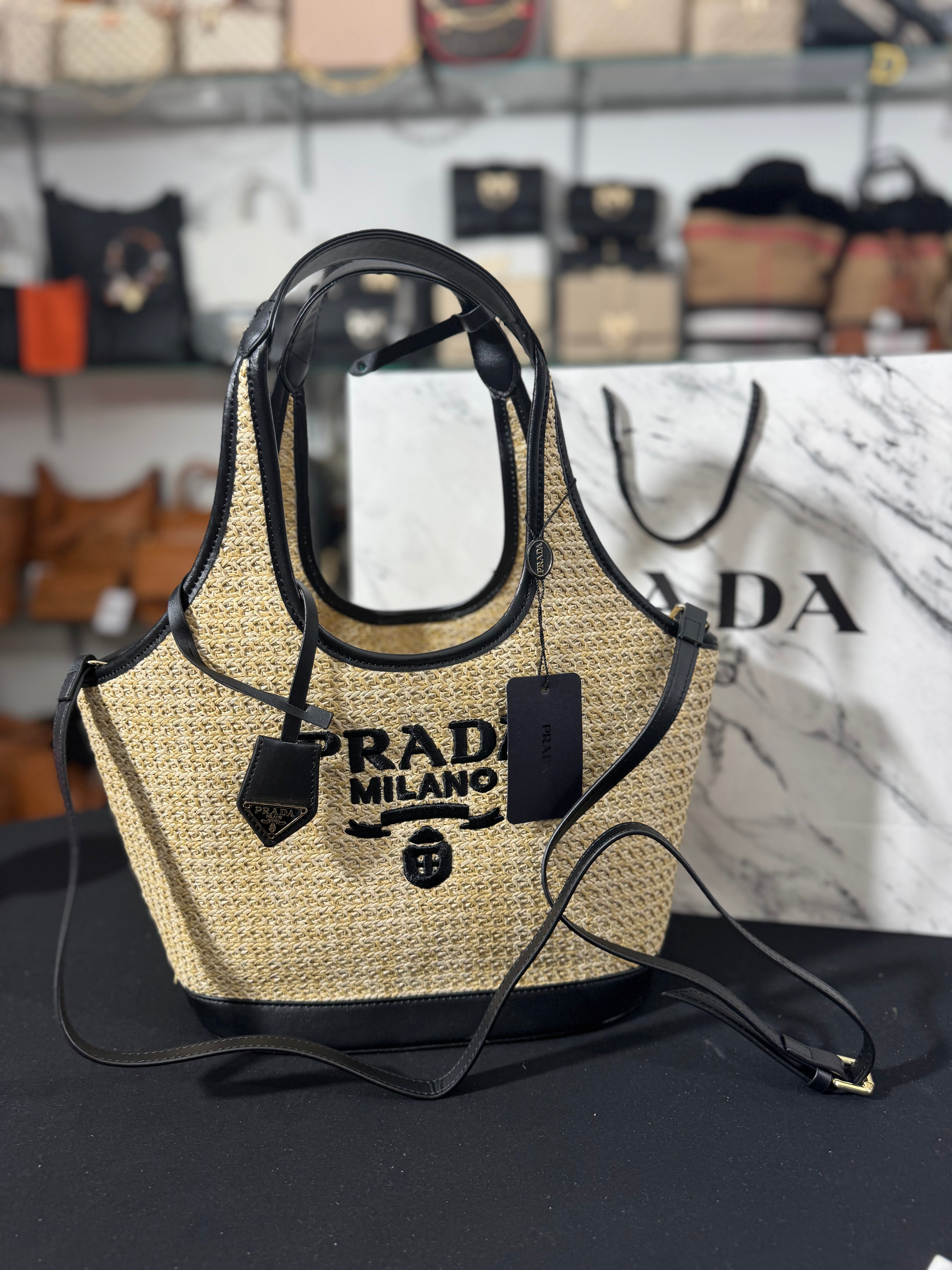 Prada straw bag black 36x25